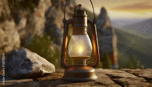 Close up old oil lamp, rustic elegance of an antique kerosene lamp casting a soft glow on a rustic wooden table rugged stone platform, lantern on the rocks photo