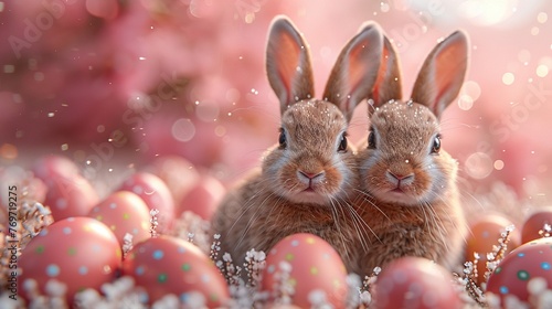 A 3D-rendered scene of an Easter parade with bunnies and eggs