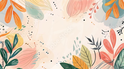 Modern Handcrafted Spring Background with Abstract Leaves: A spring-themed background, modern in design and handcrafted, showcasing abstractly drawn leaves photo
