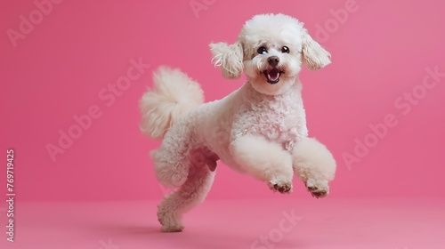 Amusing dynamic poodle getting around pink background