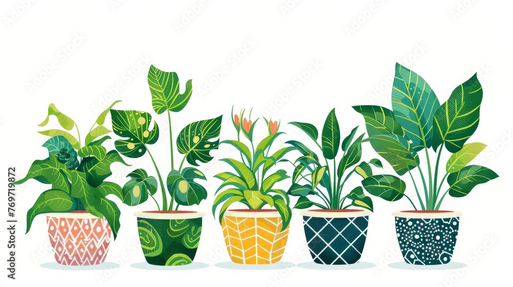 Vector illustration of thriving houseplants in upcycled containers, symbolizing zero-waste growth, isolated