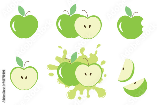 Different parts of green apples vector set Fruit design elements Whole apples, slices, leaves apple seeds and apples with juice splash vector design elements isolated on white Green apples collection.