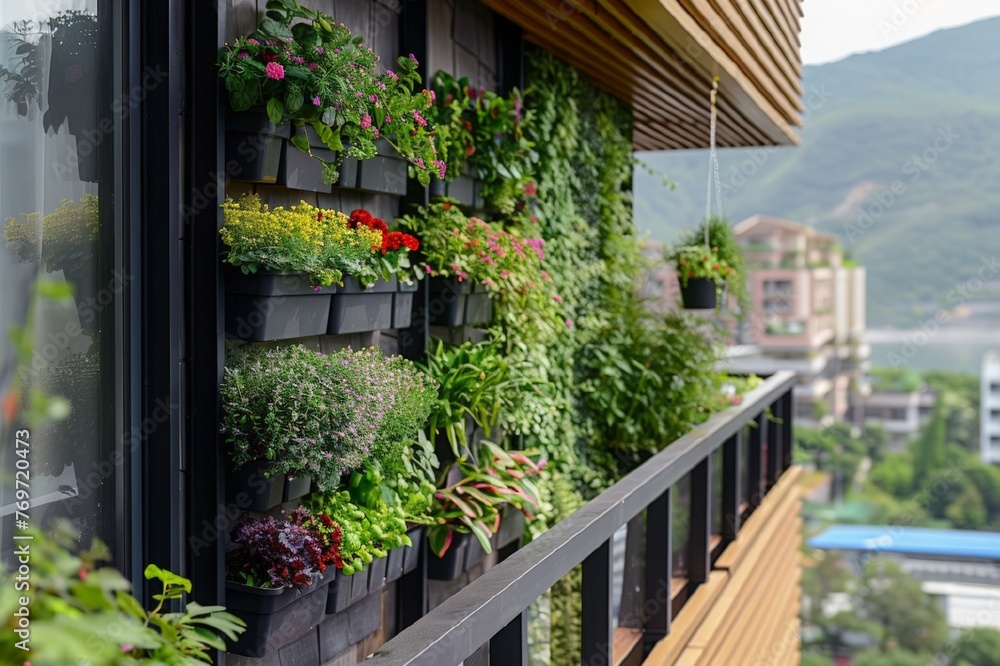 Vertical landscaping of balconies. A  balcony mini-vegetable garden. Young greens and herbs are grown in a city apartment. Healthy food for breakfast.