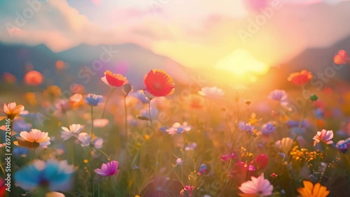 Springtime splendor: Animated flowers bloom in meadows, bathed in warm spring glow.