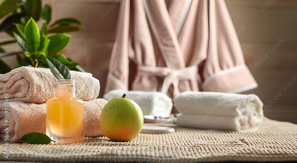 Towels with oil and fruits and beauty treatments at the spa Towels with oil and fruits and beauty treatments at the spa