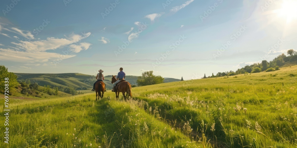 A couple horseback riding through rolling hills and meadows. 