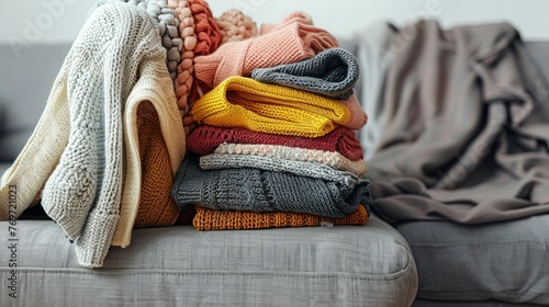 Bunch of unfolded sweaters prepared for sorting. A messy pile of knitwear lying on grey textile sofa