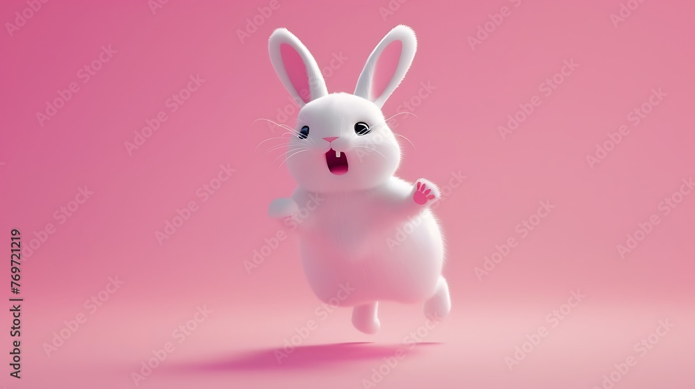 Obraz premium blissful rabbit character bouncing on pink background