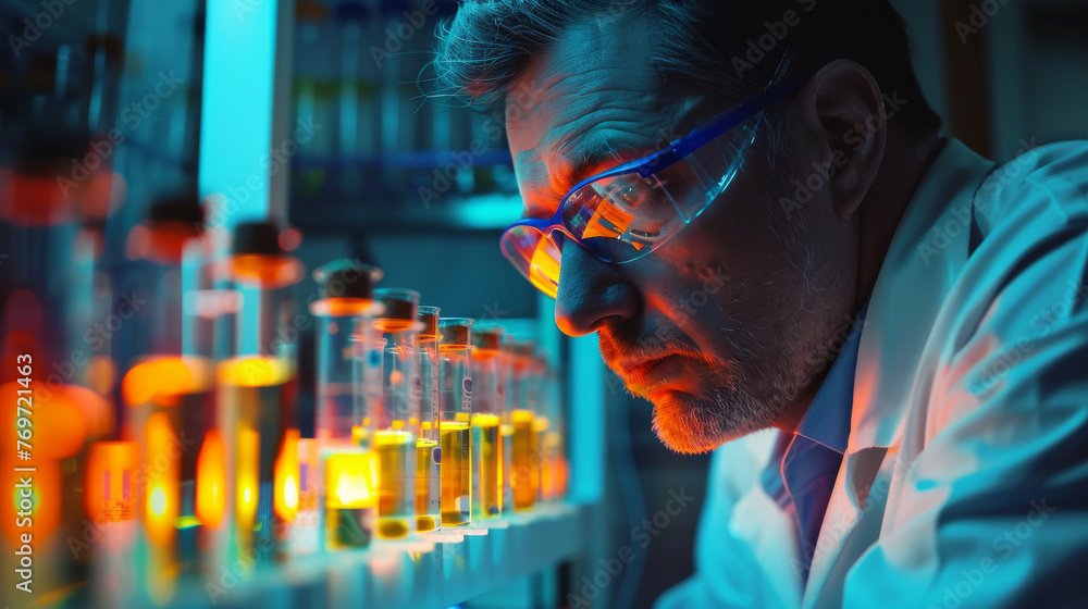 An image capturing a moment of contemplation as a researcher illuminated by the soft glow of a bio-safety cabinet An image capturing a moment of contemplation as a researcher illuminated by the soft glow of a bio-safety cabinet