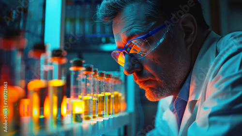An image capturing a moment of contemplation as a researcher illuminated by the soft glow of a bio-safety cabinet