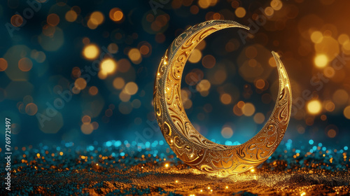 Artistic rendering of a stylized shiny crescent moon enveloped in ornate Islamic patterns set against a dreamy bokeh background with hues of gold and blue photo