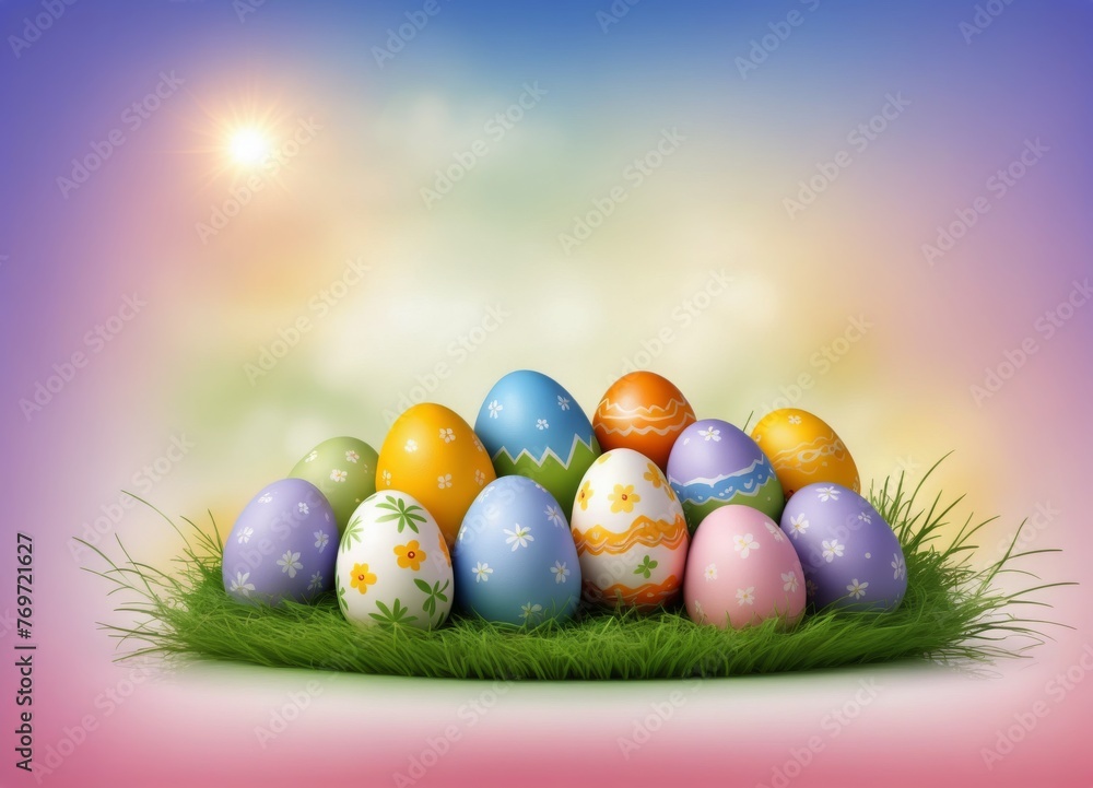Easter Eggs and decoration on blury Spring Sky Background: Vibrant Illustration for Easter Celebrations - obrazy, fototapety, plakaty 