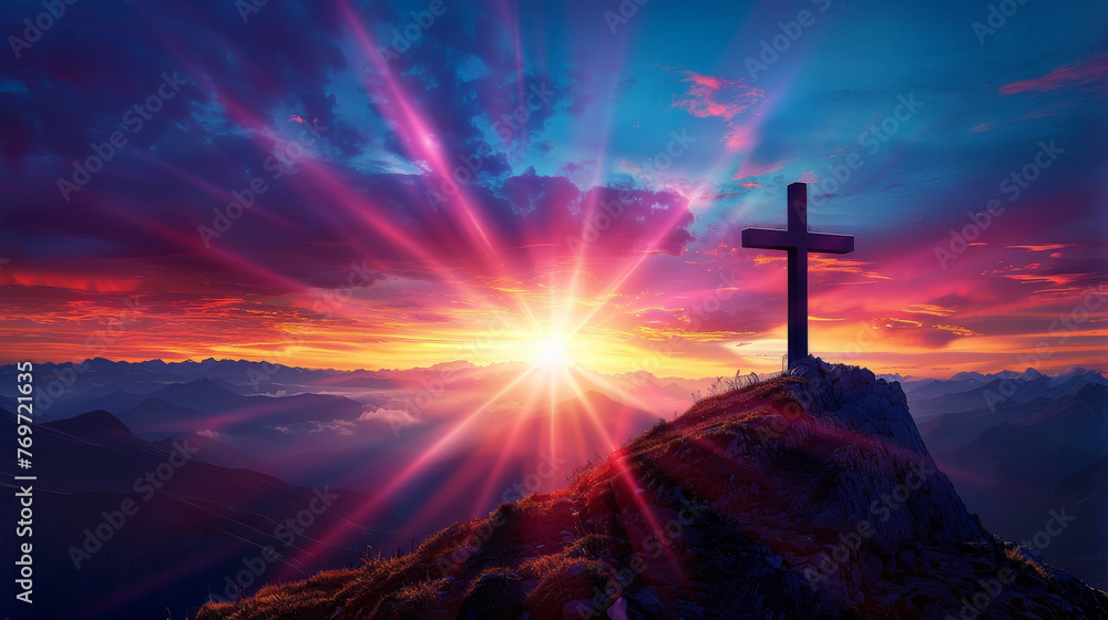 High-resolution image of a cross silhouetted against a vibrant sunset on a mountain the horizon stretching infinitely behind it - obrazy, fototapety, plakaty 