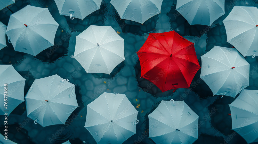 High-resolution photo capturing a sea of white umbrellas from a birds-eye view on a rainy day with one vibrant red umbrella in the center - obrazy, fototapety, plakaty 