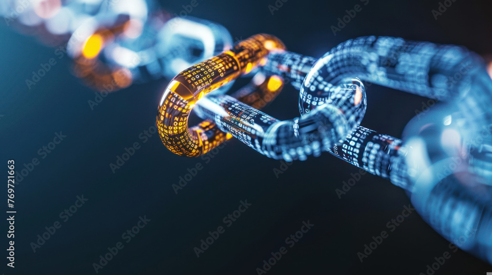 A reflective blockchain digital link concept featuring bright yellow and blue binary code