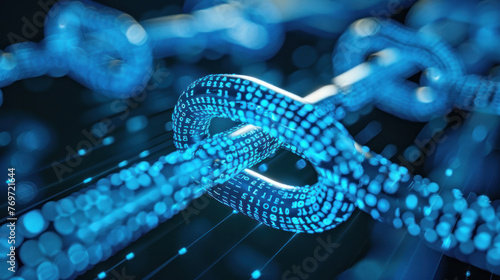 Close-up of a digital blockchain chain illuminated with a blue light on a dark, futuristic background