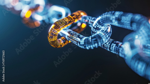 Obraz na płótnie A reflective blockchain digital link concept featuring bright yellow and blue binary code w salonie