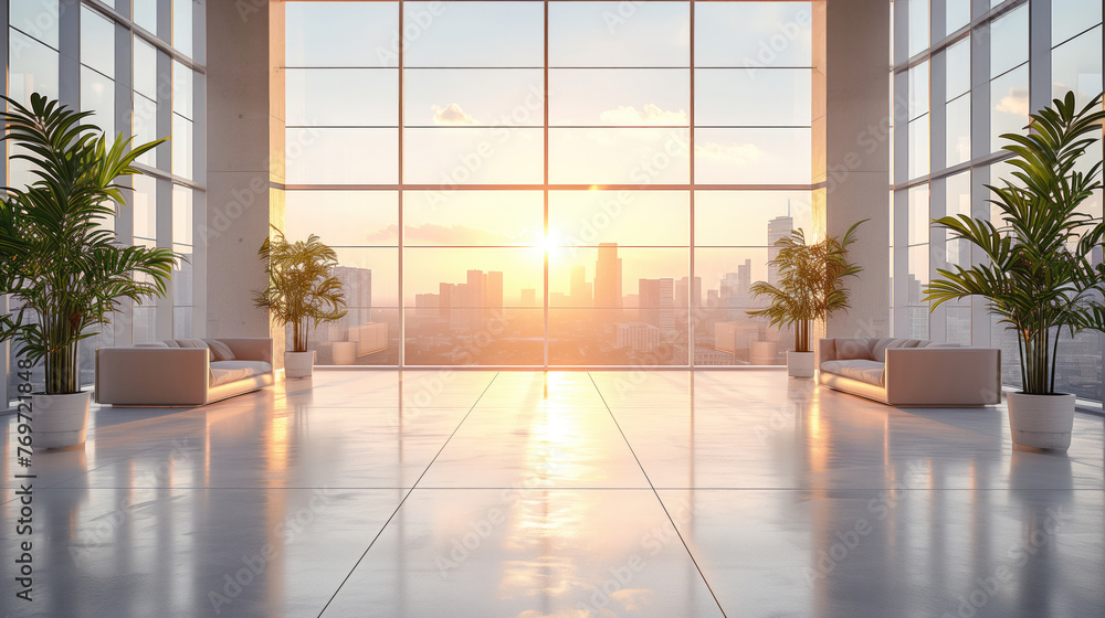 Interior space office background with a modern lobby with panoramic windows. Ai generative. - obrazy, fototapety, plakaty 