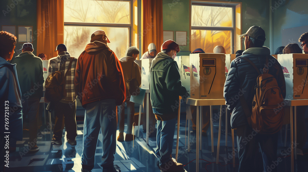 Photorealistic illustration of diverse people engaged in voting at US election booths with sunlight streaming in - obrazy, fototapety, plakaty 