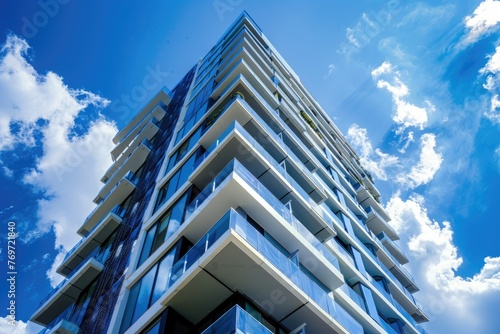 low angle view of a tall modern high rise commercial and residential building architecture exterior at day time