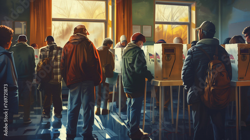 Photorealistic illustration of diverse people engaged in voting at US election booths with sunlight streaming in photo