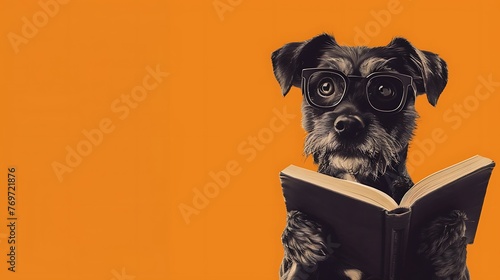 Canine with glasses peruses a book on an orange background photo