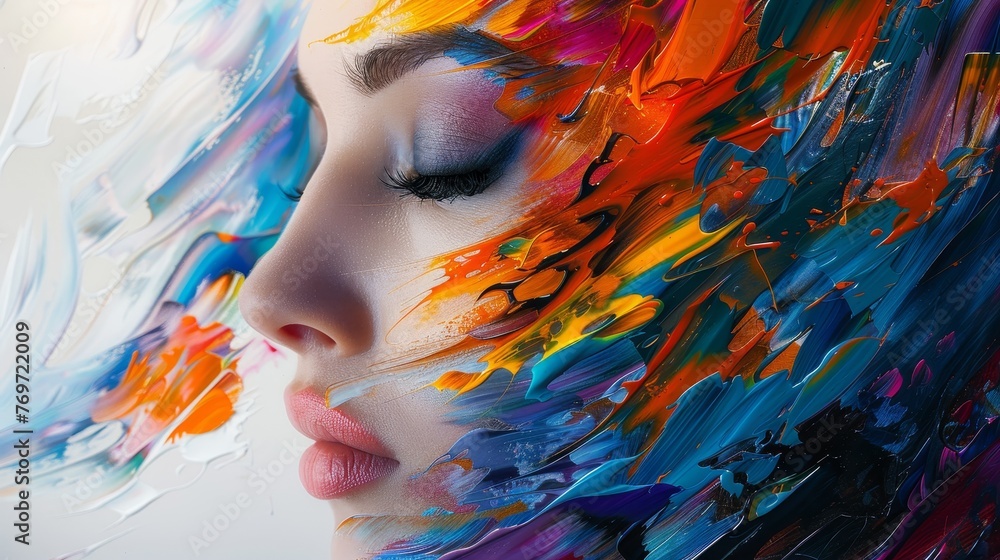 Attractive lady painting with bold colors, forming abstract scene - obrazy, fototapety, plakaty 