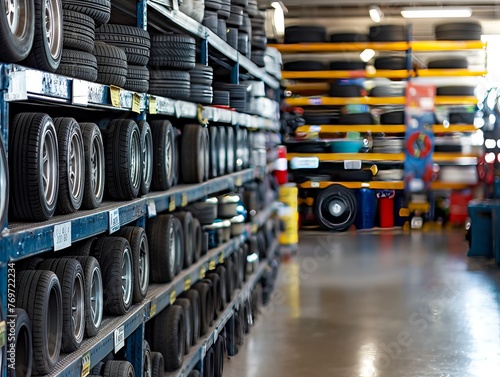 A tire store with many different types of tires on shelves. The store is well organized and clean