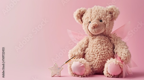 Charming bear dressed as a pixie with an enchanted wand on pink background