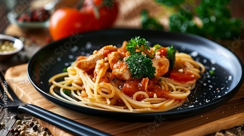 Close-Up of Delectable Spaghetti with Succulent Chicken and Tomato Sauce  Served on a Black Plate with a Wooden Table Setting