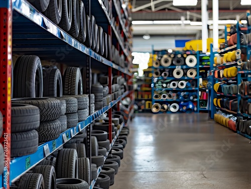 A tire store with many different types of tires on the shelves. The store is well organized and clean photo