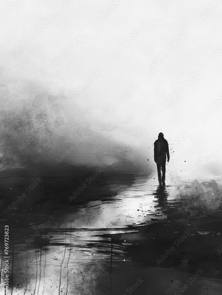 A solitary figure walking away into the mist, leaving behind traces of sorrow A solitary figure walking away into the mist, leaving behind traces of sorrow