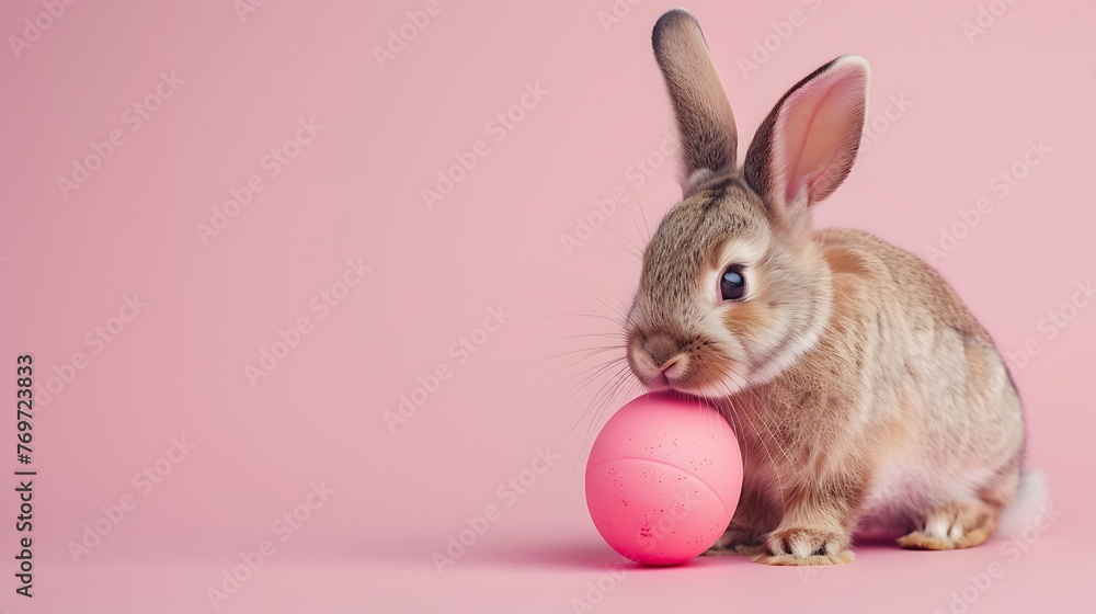 Charming Easter rabbit bring forth from pink Hidden goody detached on pastel pink background Charming Easter rabbit bring forth from pink Hidden goody detached on pastel pink background