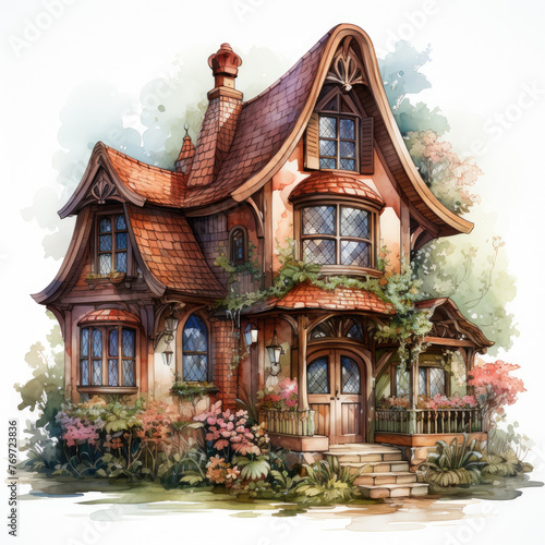 watercolor Kawaii Gingerbread House clipart, Generative Ai