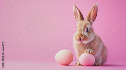 Charming Easter rabbit bring forth from pink Hidden goody detached on pastel pink background