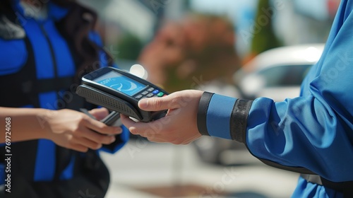 Close-up of a hand making a contactless payment with a smartphone to a portable card reader held by a person in a blue outfit.