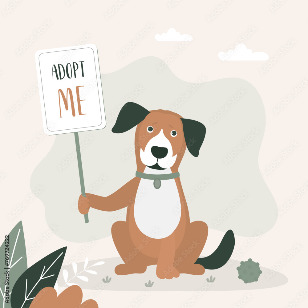 Adopt me - cute dog holds placard. Banner or poster about pet adoptation. Animal care, adoption. Help homeless animals find home concept. Adopt me - cute dog holds placard. Banner or poster about pet adoptation. Animal care, adoption. Help homeless animals find home concept.