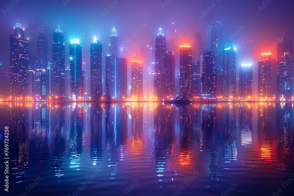 Futuristic cityscape with neon reflections on water