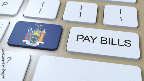 New York State Flag and Pay Bills Text on Button 3D Illustration