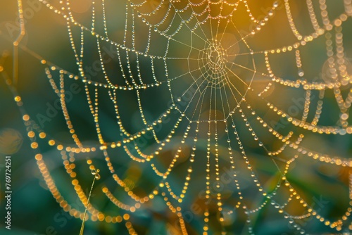 Dew-covered spider web in the early morning light, showcasing the delicate interplay of water droplets, the background is a soft blur of green and gold created with Generative AI Technology