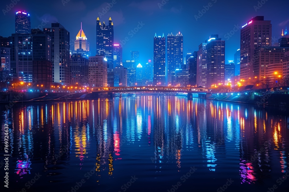 Fototapeta premium Nighttime Cityscape with River Reflections