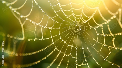 Dew-covered spider web in the early morning light, showcasing the delicate interplay of water droplets, the background is a soft blur of green and gold created with Generative AI Technology