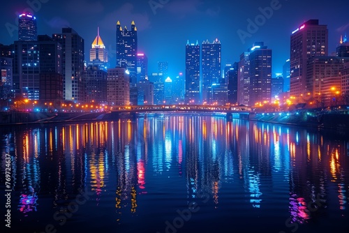 Nighttime Cityscape with River Reflections