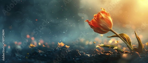 A wilted tulip bending towards the earth, petals heavy with sorrow photo