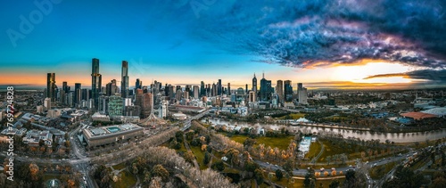 Aerial panoramic view skyline of the Melbourne skyline during a winter morning