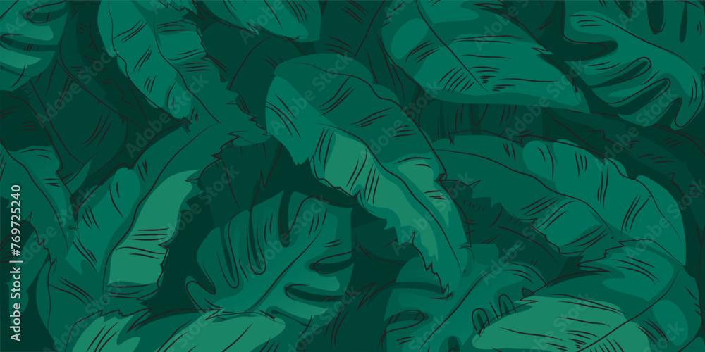 Green palm tree leaves on green background. Tropical leaves, floral pattern, vector illustration. - obrazy, fototapety, plakaty 