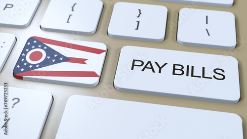Ohio State Flag and Pay Bills Text on Button 3D Illustration