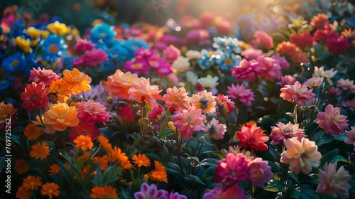 A vibrant garden bursting with blooming flowers of every color