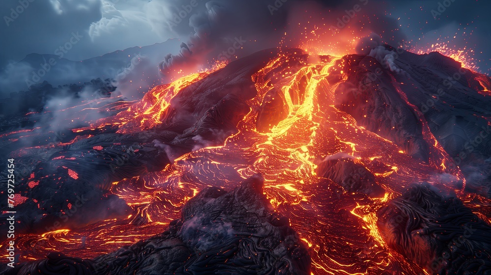 Lava Flow, volcano eruption. - obrazy, fototapety, plakaty 