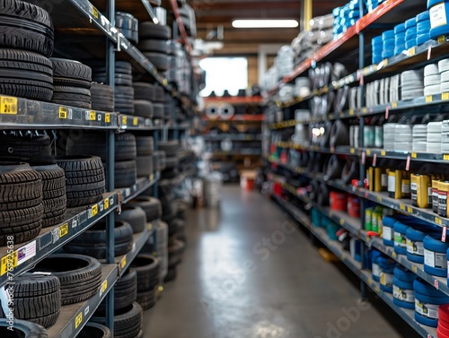A tire store with many different types of tires on the shelves. The store is well organized and clean photo